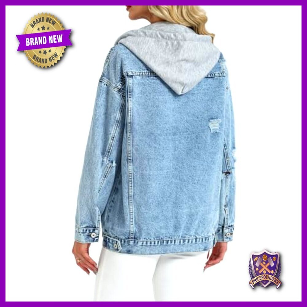 Oversized Distressed Denim Jacket with Detachable Hood Y2K Retro Boyfriend Fit - Picture 5 of 7